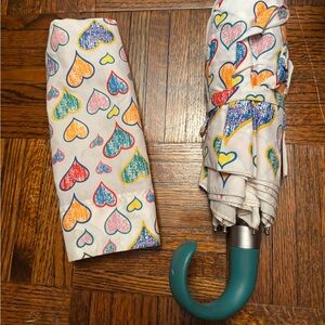 Dooney and bourke Heart Print Folding Umbrella in White with Multicolor Hearts